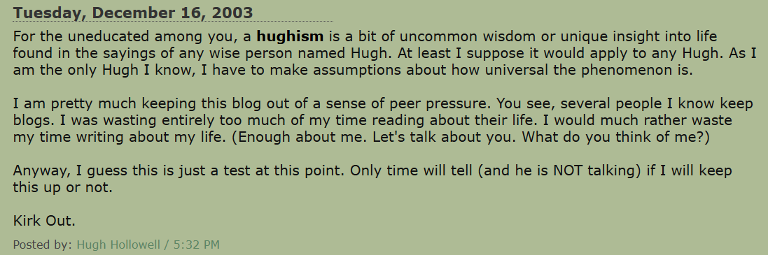 A screenshot of a blogpost from December of 2003, discussing the word Hughism.